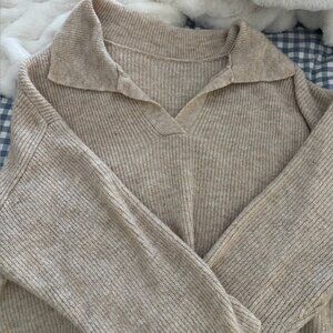 Beige Ribbed Knit Collared V-Neck Sweater